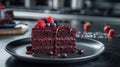 Luxurious velvet cake with chocolate cascade, set in sleek, minimalist kitchen Royalty Free Stock Photo