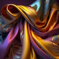 Luxurious and Vibrant Scene with Gold and Purple Silky Scarfs and Satin Ribbons Flowing Elegantly over a Tablecloth