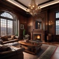 A luxurious Victorian-inspired study with rich wood paneling and a fireplace1