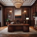 A luxurious Victorian-inspired study with rich wood paneling and a fireplace3