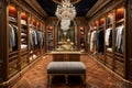 A luxurious walk-in closet featuring a stunning chandelier and a comfortable bench, An opulent walk-in closet filled with designer Royalty Free Stock Photo