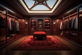 A luxurious walk-in closet with a red carpet, wooden wardrobes, and a central red bench