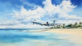 Luxurious Watercolor Painting Of A Jet Landing On A Tropical Beach