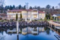 Luxurious waterfront home exterior. View from the deck. Royalty Free Stock Photo