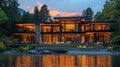 Luxurious waterfront home at sunset, reflecting in calm lake water Royalty Free Stock Photo