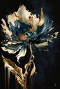 Luxurious white blue and gold floral design, with thick paint lines. Generative Ai