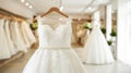 Luxurious white bridal gowns on elegant hangers displayed in an upscale boutique salon for brides