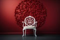 luxurious white chair in front of a red Victorian style backdrop. ai generated Royalty Free Stock Photo