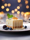 A luxurious white chocolate dessert, garnished with fresh berries on a plate