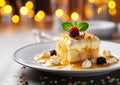 A luxurious white chocolate dessert, garnished with fresh berries on a plate