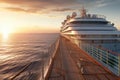 A luxurious white cruise ship is moored at a wooden pier against a stunning sunset sky and sea horizon. Beautiful sky Royalty Free Stock Photo