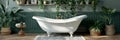 Luxurious white freestanding bathtub in a serene bathroom with elegant and lavish decor