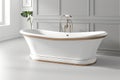 Luxurious white freestanding tub in a serene bathroom with elegant and lavish decor
