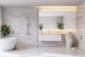 Luxurious white modern style bathroom with marble floor and walls 3d render Royalty Free Stock Photo