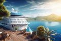 A luxurious white ocean cruise ship is moored at the pier on a tropical paradise island surrounded by greenery and Royalty Free Stock Photo