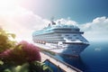 A luxurious white ocean cruise ship is moored at the pier on a tropical paradise island surrounded by greenery and Royalty Free Stock Photo