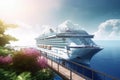 A luxurious white ocean cruise ship is moored at the pier on a tropical paradise island surrounded by greenery and Royalty Free Stock Photo