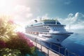 A luxurious white ocean cruise ship is moored at the pier on a tropical paradise island surrounded by greenery and Royalty Free Stock Photo