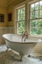 Luxurious white standalone tub in serene bathroom with elegant decor for a relaxing retreat