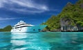 A luxurious white yacht against the backdrop of a tropical island with palm trees under the blue sky. Created with generative Ai