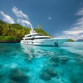 A luxurious white yacht against the backdrop of a tropical island with palm trees under the blue sky. Created with generative Ai