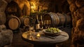 Luxurious wine cellar interior with rows of exquisite wine bottles and crystal wine glasses