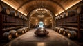 A Luxurious Wine Cellar. Where Stacked Wine Barrels Transform Into Art. Generative AI