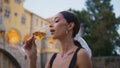 Luxurious woman enjoy wine in glass goblet at open space restaurant closeup. Royalty Free Stock Photo