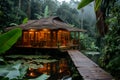 luxurious wood cabin with palm roof in the amazon rainforest, bridges, and pergola, semi circular orchards in tropical Royalty Free Stock Photo