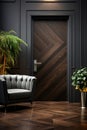 Luxurious wooden entrance door in a modern interior, in dark colors. Designer interior.