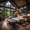 Luxury bedroom in a wooden house with large windows. Modern apartment interior design. Real estate concept Royalty Free Stock Photo