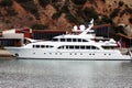 Luxurious yacht in front of research facility Royalty Free Stock Photo