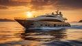 A luxurious yacht sailing through the open sea with a beautiful sunset in the background. Royalty Free Stock Photo