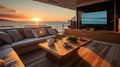 A luxurious yacht sailing through the open sea with a beautiful sunset in the background.