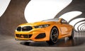 luxurious yellow sports car in a modern concrete tunnel