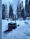 an outside hot tub in the snow with trees on either side Royalty Free Stock Photo