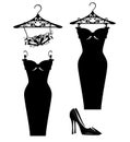 Haute couture little black dress vector silhouette and outline design set