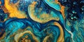 Luxury abstract fluid art painting in alcohol ink technique,mixture of teal blue turquoise yellow green gold paints. Royalty Free Stock Photo