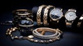 Luxury Accessories: Exquisite Watches, Jewelry, and Handbags on Reflective Granite