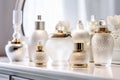 Luxury advertising photo with perfume bottles on dressing table in front of a mirrow, close up. Generative AI