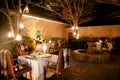 Luxury African Safari lodge outdoor dining in backyard with leather chairs and warm light from lamps hanging on tree branches