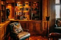 Luxury African Safari lodge reading room interior with old vintage leather armchairs