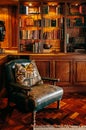 Luxury African Safari lodge reading room interior with old vintage leather armchairs