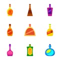Luxury alcohol bottle icons set, cartoon style