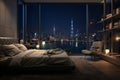 Luxury apartment bedroom with panoramic view of night city from the window. Royalty Free Stock Photo