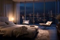 Luxury apartment bedroom with panoramic view of night city from the window. Royalty Free Stock Photo