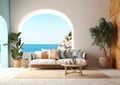 Luxury apartment or hotel terrace Santorini Interior of modern living room couch with beautiful sea view, arched window Royalty Free Stock Photo