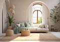 Luxury apartment or hotel terrace Santorini Interior of modern living roomwith white couch, arched window Royalty Free Stock Photo