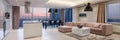 Luxury apartment interior during sunset, panorama Royalty Free Stock Photo