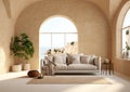 Luxury apartment terrace Santorini Interior of modern living room sofa or couch with beautiful sea view, arched windows